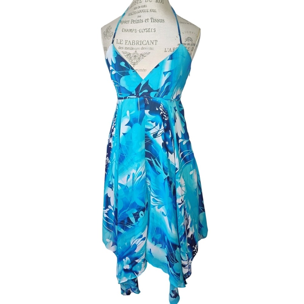 Floral Babydoll Halter Dress Small Blue Asymmetrical Handkerchief Fairy Coastal